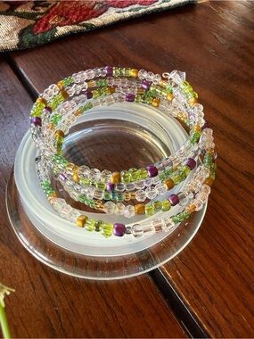 Multicolor Seed Bead Wrap Bracelet - Green, Gold & Purple